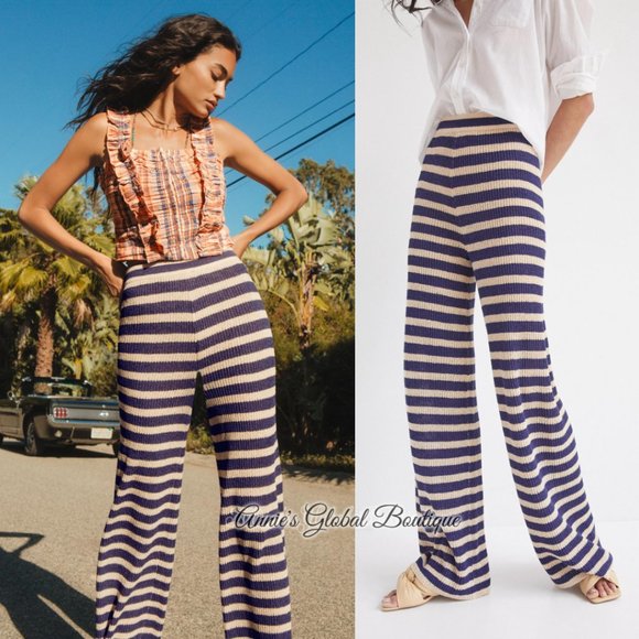 RARE NWT ANTHROPOLOGIE FLAT WHITE Striped Knit Pants. Size L - Picture 6 of 16